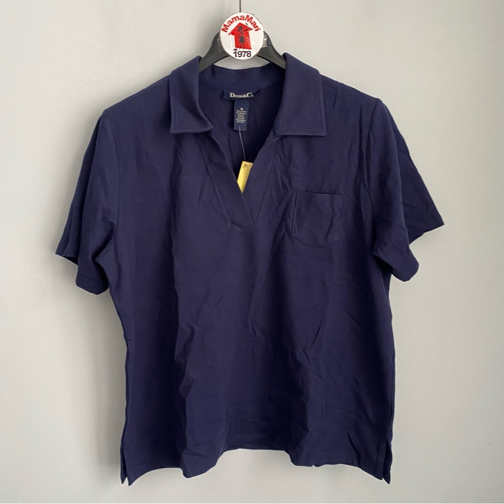 NEW Denim & Co. Short Sleeve Polo Shirt Navy Blue Plus Size 1X
